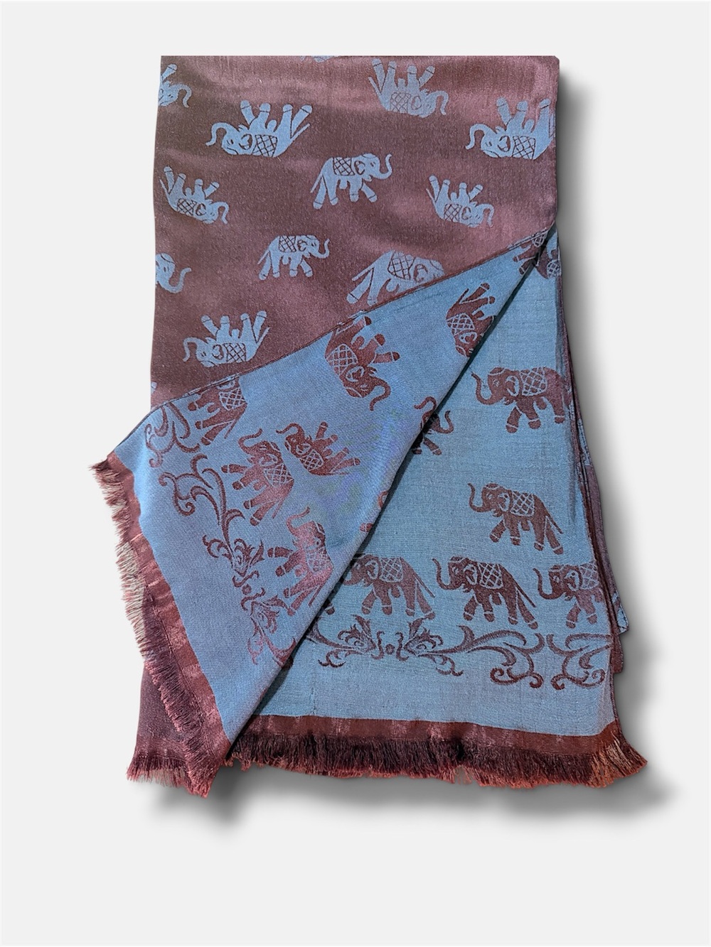 Elephant Shawl doublesided 68"x20", teal blue and maroon, elephants print